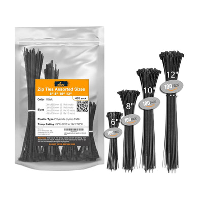 ALBO Black Zip Ties, Assorted Sizes 6", 8", 10", 12", Pack 400 pcs