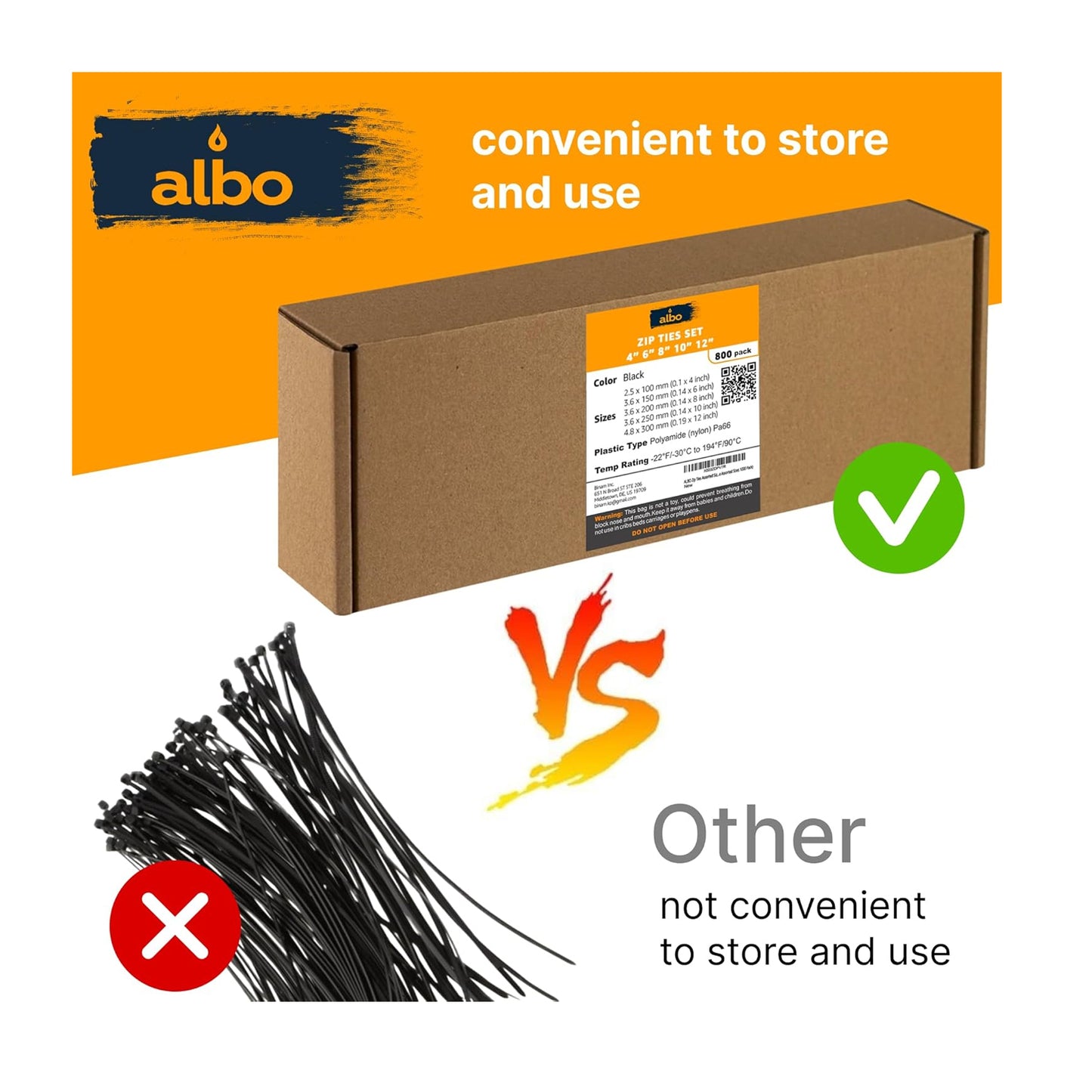 ALBO Black Zip Ties Assorted Sizes 800 Pack 4+6+8+10+12 Inch Plastic Black Cable Ties Wire Tie UV Resistant Nylon Tie Wraps Assorted Sizes