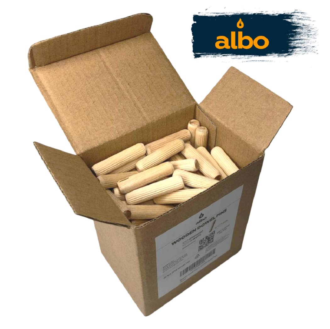 ALBO Wooden Dowel Pins 1/2 x 2 inch Fluted Wood Dowels Rods 100 Pack Hardwood Crafts Dowel Pegs