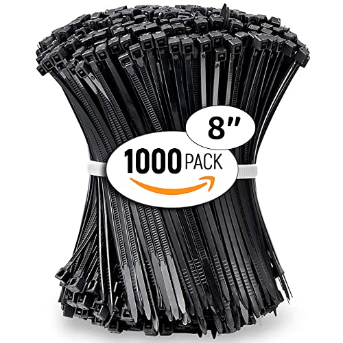 ALBO Zip Ties Black 8 Inch 1000 Pack 40 lb, Long Plastic Cable Ties Thick 0.14 Inch Tie Wraps Heavy Duty UV Resistant Nylon Wire Ties for Indoor and Outdoor