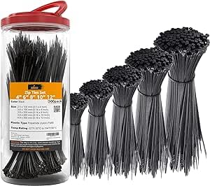 ALBO Black Zip Ties Assorted Sizes 500 Pack 4+6+8+10+12 Inch Plastic Black Cable Ties Wire Tie UV Resistant Nylon Tie Wraps Assorted Sizes