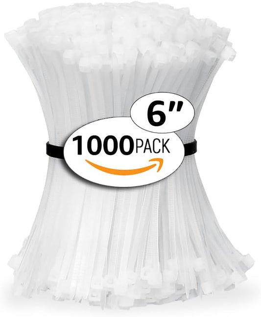 ALBO Zip Ties White 6 Inch 1000 Pack 40 lb, Long Plastic Cable Ties Thick 0.14 Inch Tie Wraps Heavy Duty UV Resistant Nylon Wire Ties for Indoor and Outdoor