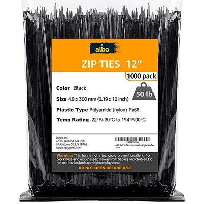 ALBO Black Zip Ties 12 Inch, Nylon Wire Ties for Indoor and Outdoor, Pack 1000 pcs