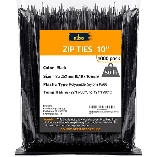 ALBO Zip Ties Black 10 Inch 1000 Pack 50 lb, Long Plastic Cable Ties Thick 0.19 Inch Tie Wraps Heavy Duty UV Resistant Nylon Wire Ties for Indoor and Outdoor