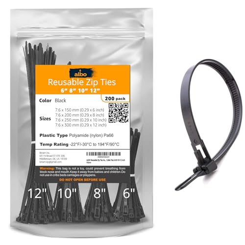 ALBO Black Reusable Zip Ties Assorted Sizes 200 Pack (6+8+10+12 Inch) Heavy Duty Releasable Cable Ties UV Resistant Nylon Tie Wraps