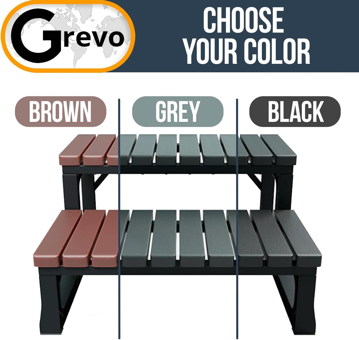 Grevo Outdoor Hot Tub Steps - Non-Slip Plastic Spa Steps, 23.6" Wide, Grey