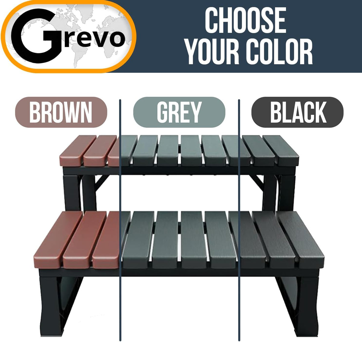 Grevo Outdoor Hot Tub Steps - Non-Slip, 2-Step Plastic Spa Stairs, 23.6" Wide, Grey