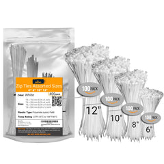 ALBO White Zip Ties Assorted Sizes 400 Pack 4+6+8+10+12 Inch Plastic Cable Ties Wire Tie UV Resistant Nylon Tie Wraps