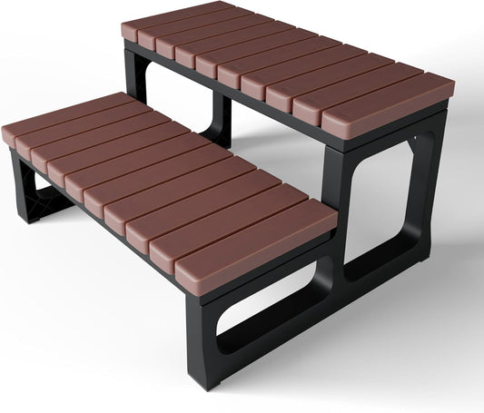 GREVO 2 Tier Slip Resistant Hot Tub Steps, Swim Spa Steps, Jacuzzi Steps, Outdoor Spa Steps, Brown Color