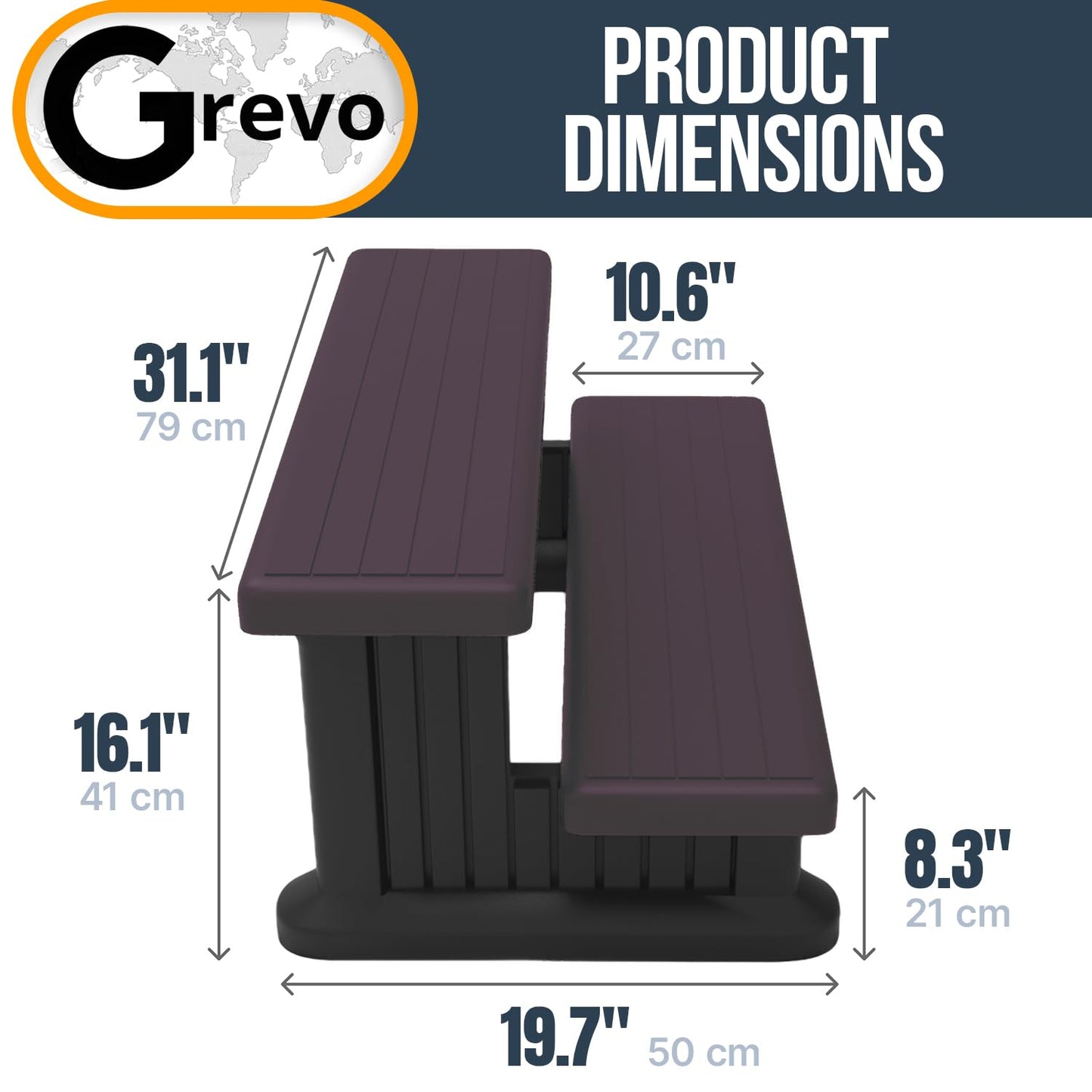 GREVO Outdoor Steps for Hot Tub Wide 31", Brown/Fits Round and Straight Pools, Non-Slip Steps, Quick Assemble