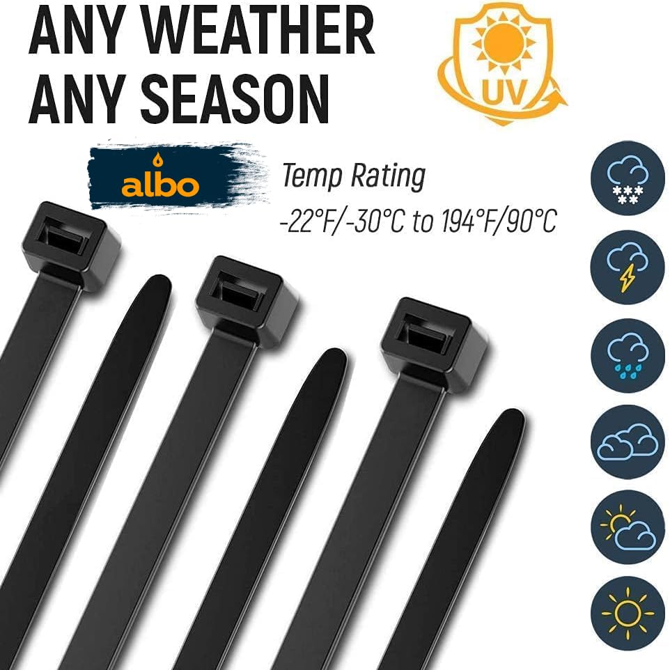 ALBO Black Zip Ties Assorted Sizes 400 Pack Plastic Cable Ties 6+8+10+12 inch Wire Tie UV Resistant Nylon Tie Wraps Assorted Sizes