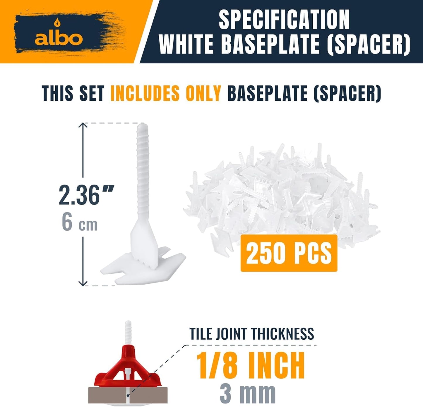 ALBO Tile Leveling System Base Plates 1/8" - 250 PCS - Professional Floor & Wall Spacers, Anti-Lippage Installation Clips for All Tile Formats, Self-Leveling Spacer System