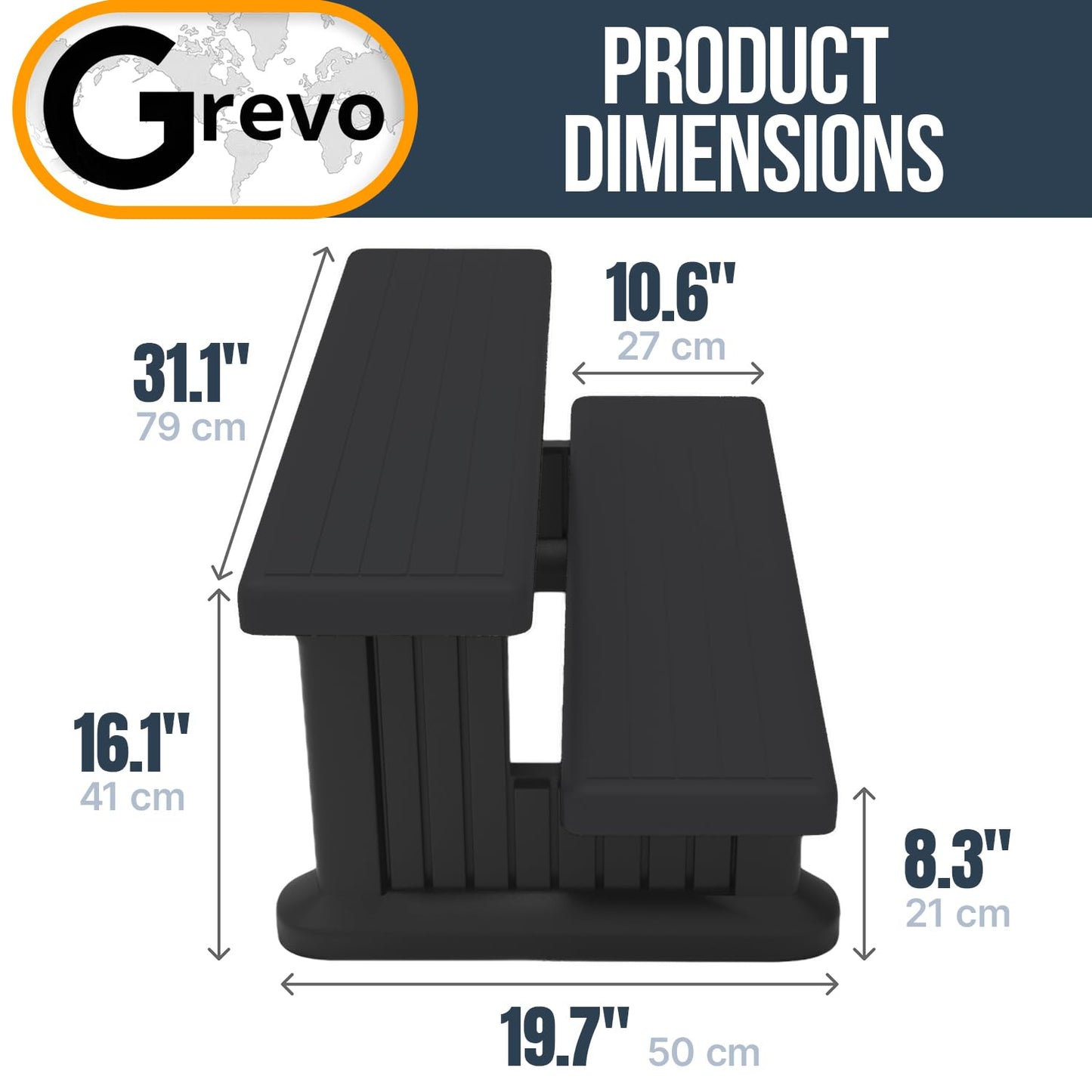 GREVO Outdoor Steps for Hot Tub Wide 31", Black/Fits Round and Straight Pools, Non-Slip Steps, Quick Assemble
