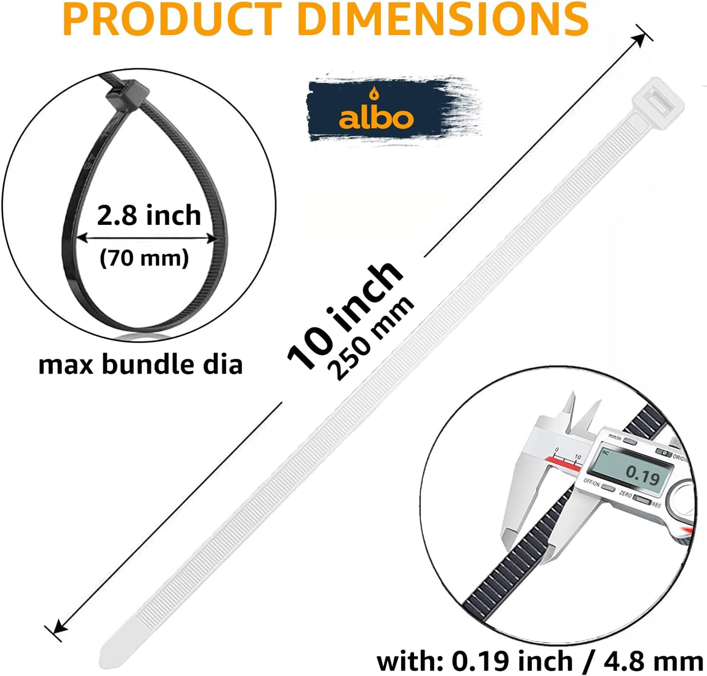 ALBO Zip Ties White 10 Inch 0.19 Inch Thick Heavy Duty 1000 Pack