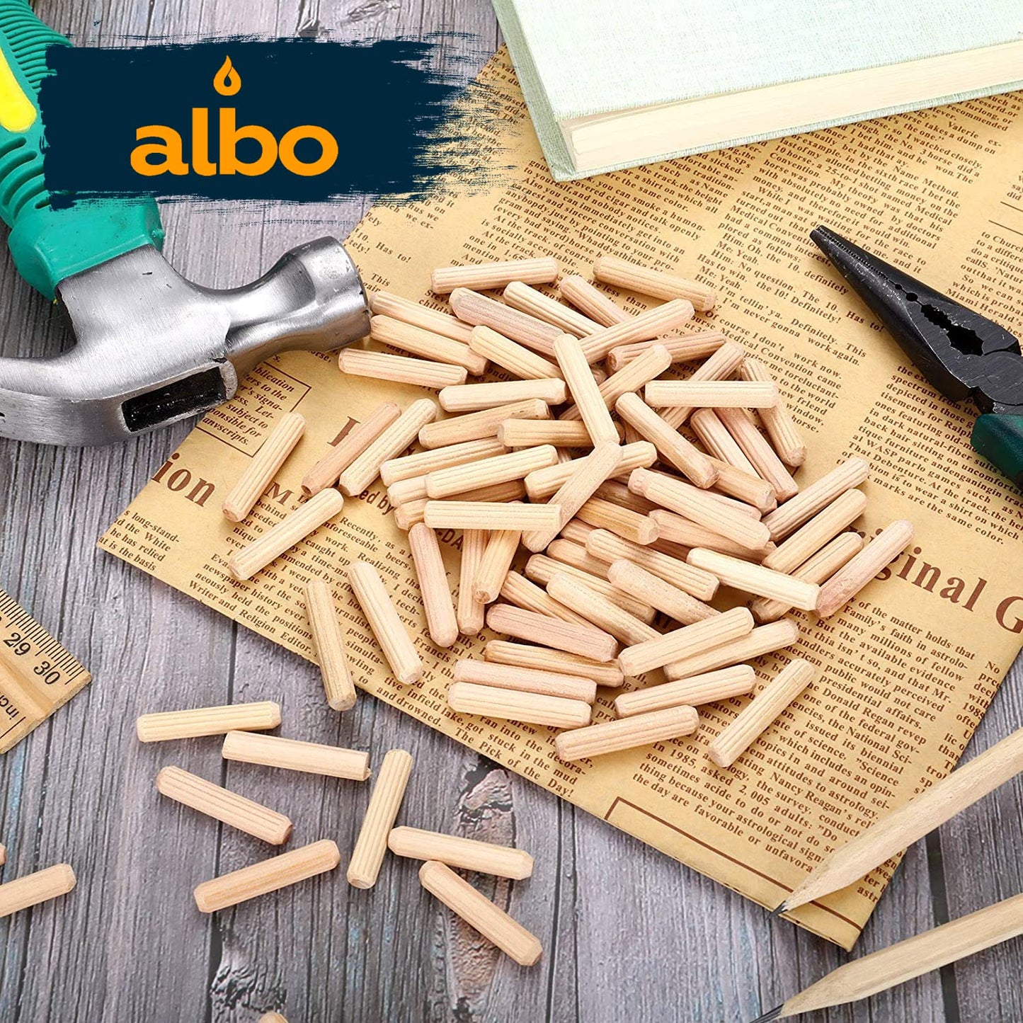 ALBO Wooden Dowel Pins 500 Pack Assorted Sizes 1/4 + 5/16 + 3/8 inch Fluted Wood Dowels Rods Hardwood Crafts Dowel PegsòÀæ