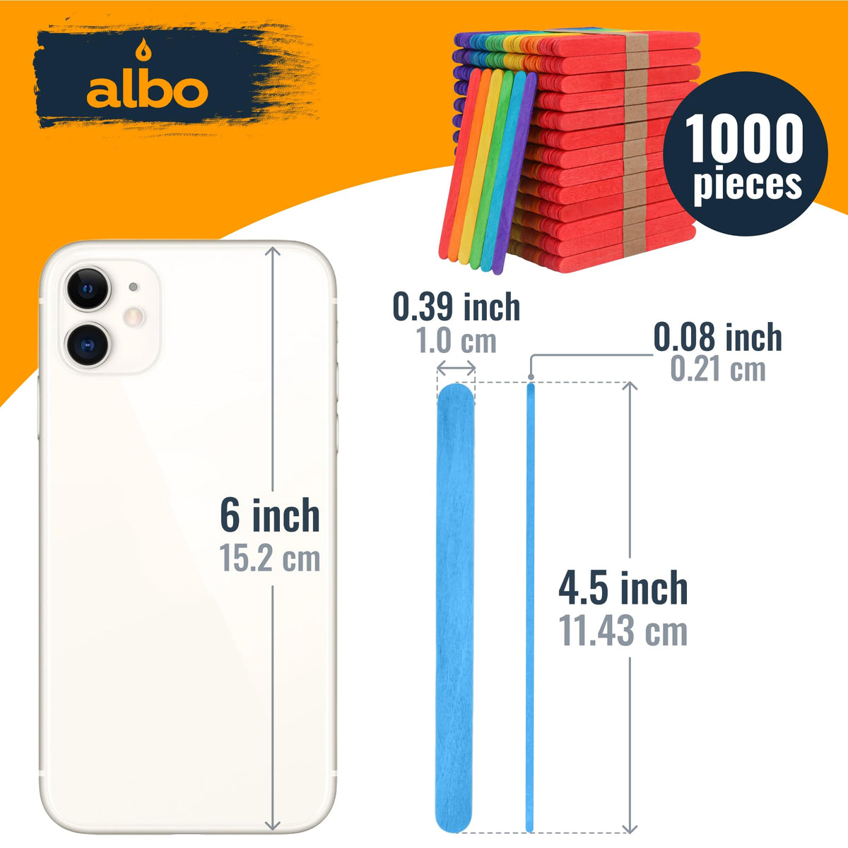 ALBO 1000 Pack 4.5" Colored Wood Popsicle Rainbow Craft Sticks – Lollipop Ice Cream Sticks, Bulk STEM Classroom Art Supplies, DIY Model Building, Wax Hair Removal Applicators, Epoxy Resin Mixing