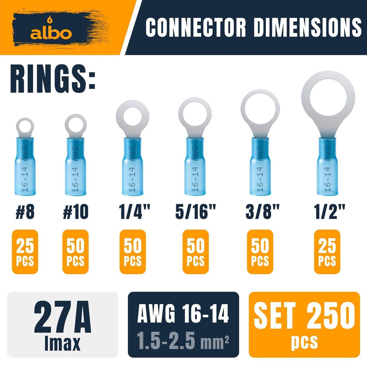ALBO 250PCS Blue Heat Shrink Ring Terminal Kit – 16-14 AWG Wire Terminal Connectors Assortment, 6 Sizes (#8, #10, 1/4", 5/16", 3/8", 1/2") – Waterproof Tinned Copper Electrical Ring Connectors