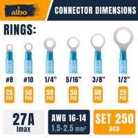 ALBO 250PCS Blue Heat Shrink Ring Terminal Kit – 16-14 AWG Wire Terminal Connectors Assortment, 6 Sizes (#8, #10, 1/4", 5/16", 3/8", 1/2") – Waterproof Tinned Copper Electrical Ring Connectors