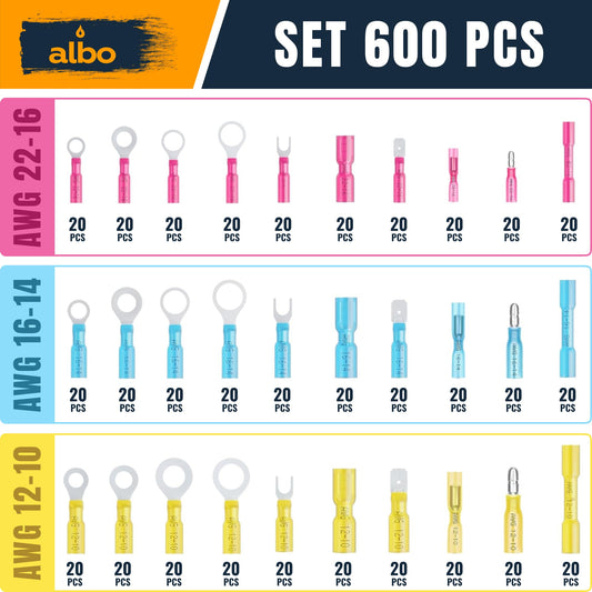 ALBO 600PCS Electrical Connector Kit 3 Colors / 30 Size, Heat Shrink Waterproof Crimp Wire Connectors with Ring Terminals, Spade & Fork Terminal Connectors, Male and Female Wire Terminals