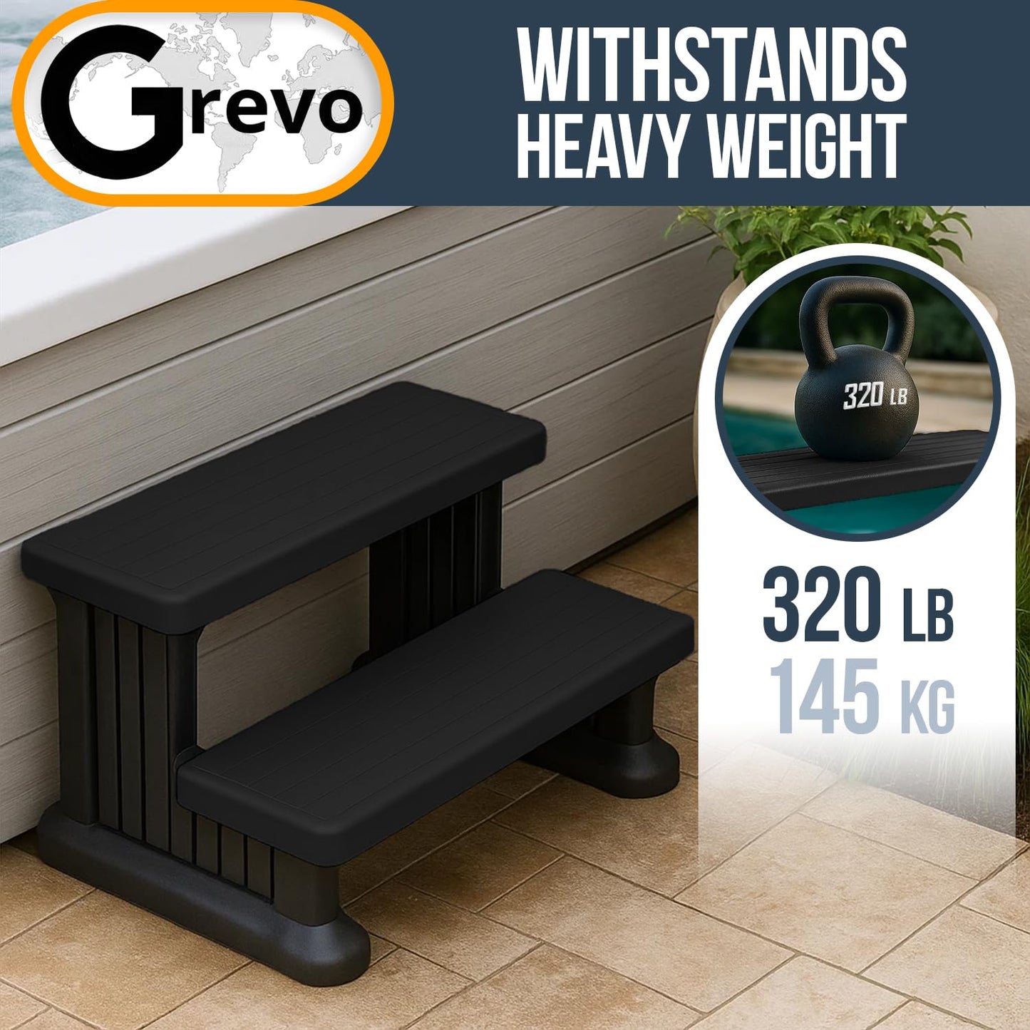 GREVO Outdoor Steps for Hot Tub Wide 31", Black/Fits Round and Straight Pools, Non-Slip Steps, Quick Assemble