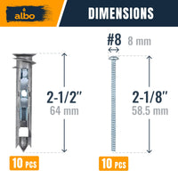 ALBO EZ Self-Drilling Drywall Toggle Anchors Kit – Heavy Duty Metal Anchors with Screws (10 Pack) – Holds Up to 100 lbs – Perfect Toggle Bolts for Drywall & Hollow Walls