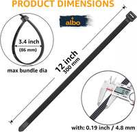 ALBO Black Zip Ties 12 Inch, Nylon Wire Ties for Indoor and Outdoor, Pack 3000 pcs