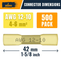 ALBO Heat Shrink Butt Connectors 12-10 AWG (500pcs) - Waterproof Solder Seal Insulated Copper Crimp Wire Splice Terminals for Automotive, Marine Wiring | 4-6mm² Gauge Connectors