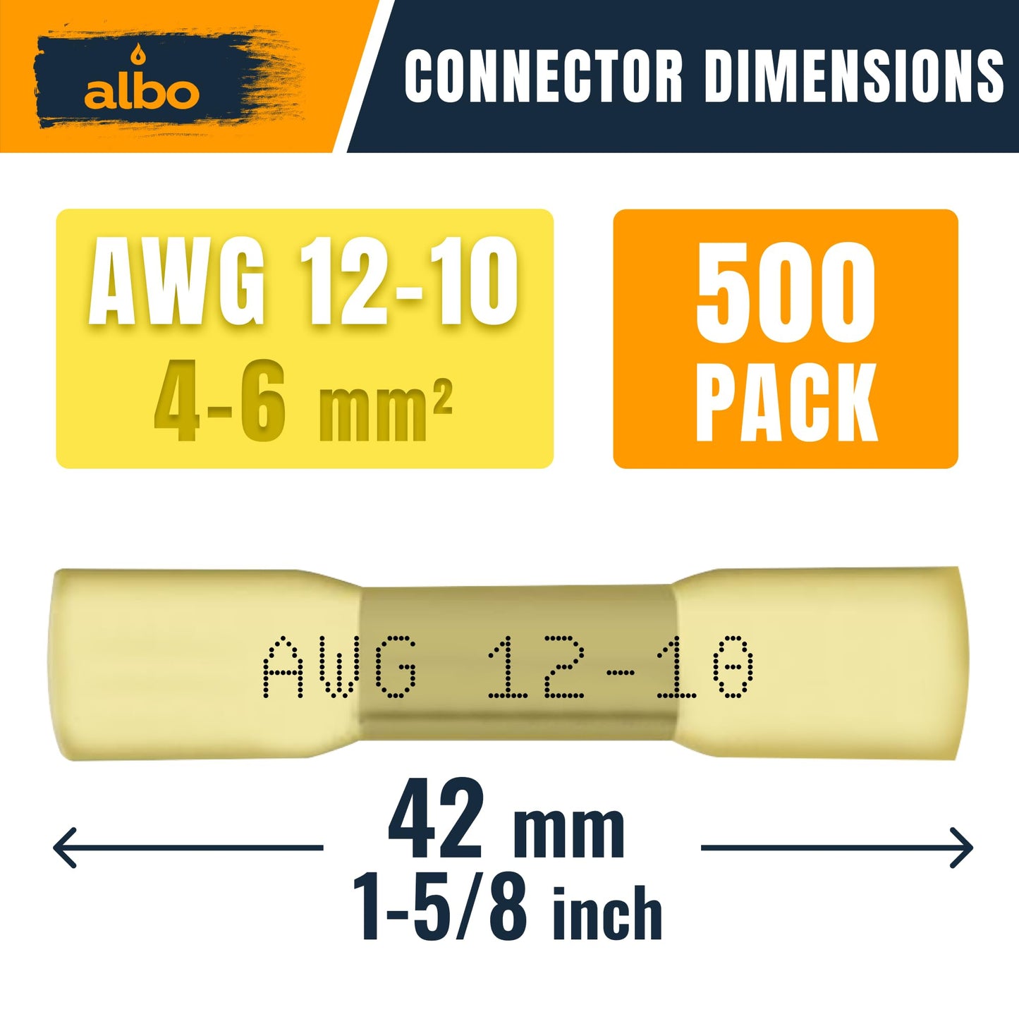 ALBO Heat Shrink Butt Connectors 12-10 AWG (500pcs) - Waterproof Solder Seal Insulated Copper Crimp Wire Splice Terminals for Automotive, Marine Wiring | 4-6mm? Gauge Connectors