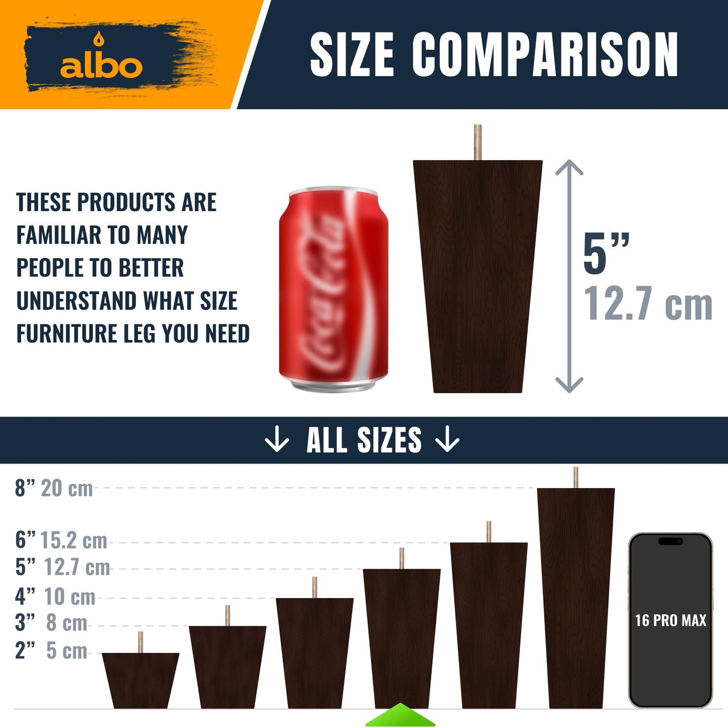 Albo Wood Furniture Legs 5 inch, Heavy Duty Sofa Legs, Pack of 4 Square Brown Couch Legs, Sofa Replacement Parts, for Dresser Legs, Sideboard, Recliner Couch, Circle Chair Couch Riser Coffee Table