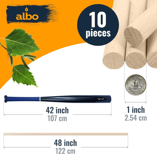 ALBO 1" x 48" Wooden Dowel Rods, Birch Natural Hardwood Rods, 10 pieces