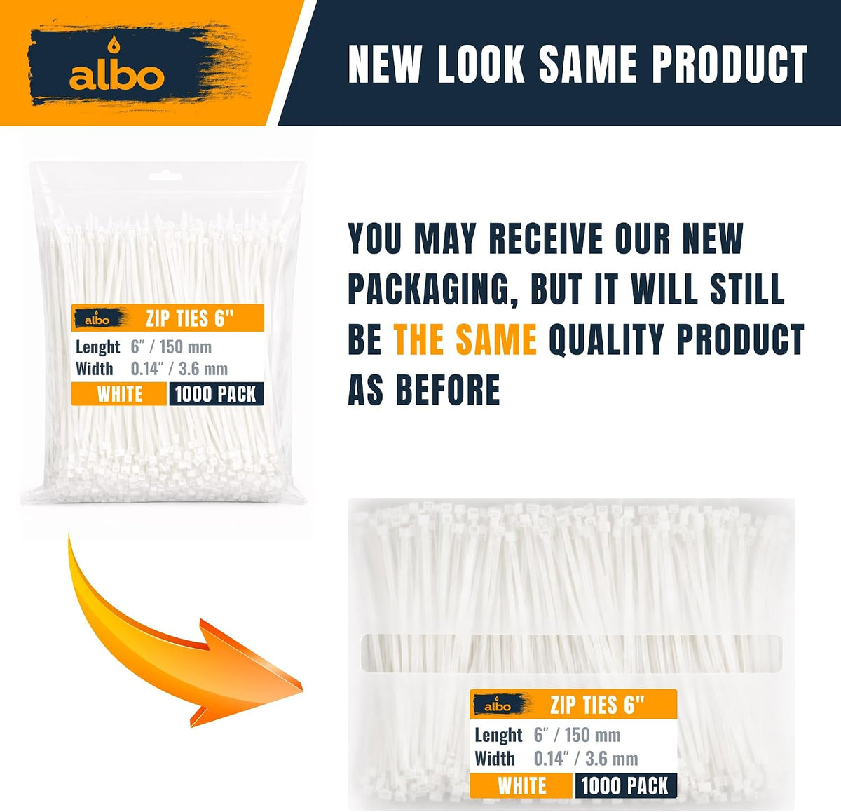 ALBO 1000 Pcs. White Zip Ties, 6 Inch, Heavy Duty, 40 lb Tensile Strength