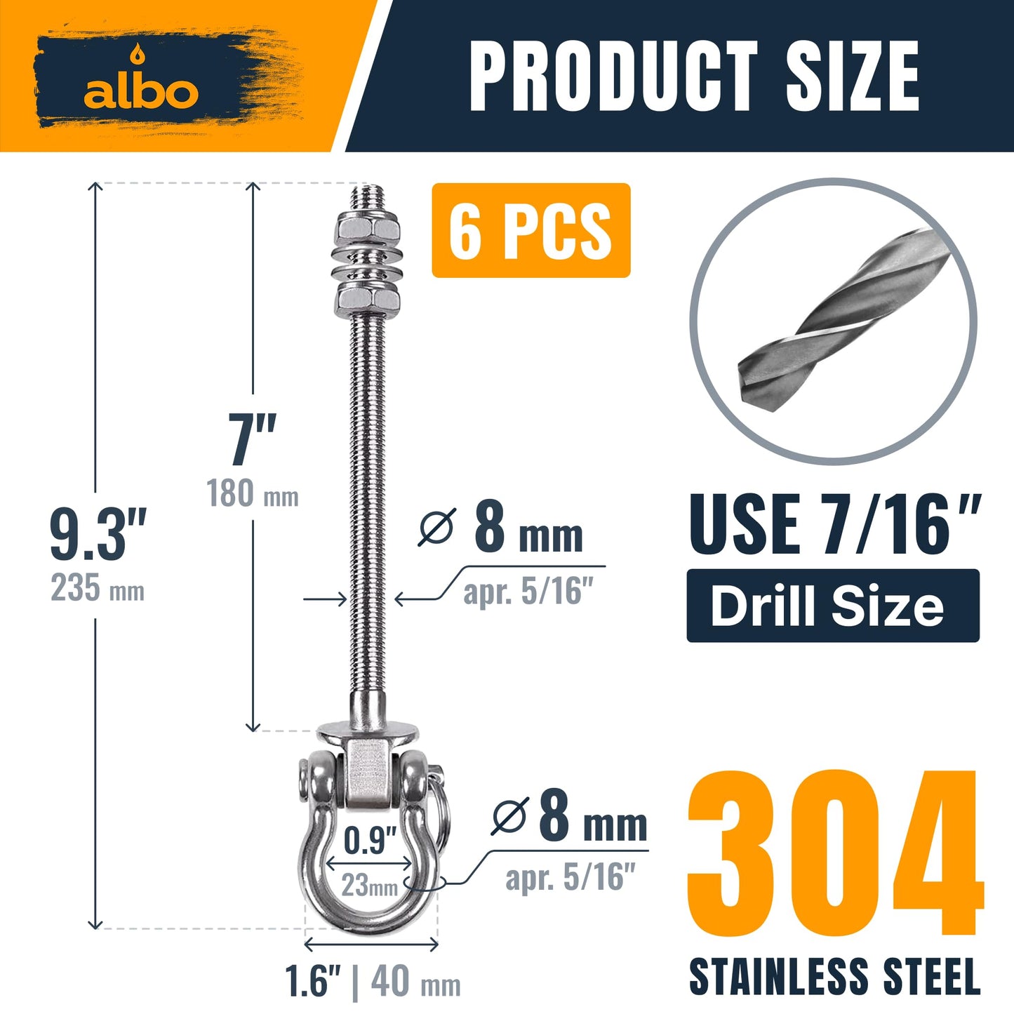 Albo 6 Pack Heavy Duty Swing Hangers – 7 Inch, 304 Stainless Steel, 1800 lbs Swivel Hooks for Porch, Punching Bag, Hammock, Yoga, Gym, Playground, Ceiling Mount for Wood & Concrete Indoor Outdoor