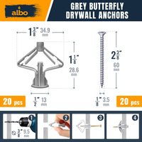 ALBO Drywall Anchor Kit with Screws - 120 Pcs Hollow Wall Set (Grey Butterfly, White Butterfly, Self Drilling, Screws) - Plastic Anchors for Drilling Hollow Walls