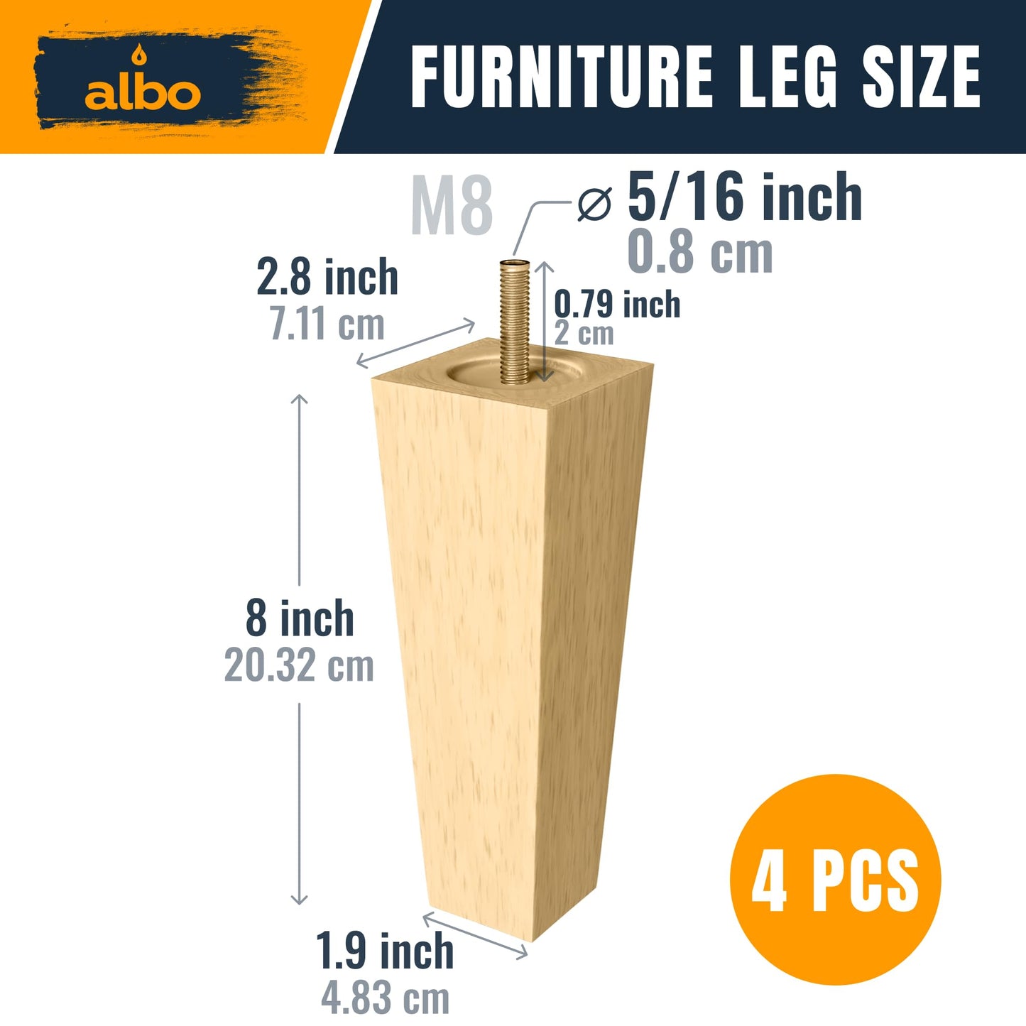 Albo Wood Furniture Legs 8 inch, Heavy Duty Sofa Legs, Pack of 4 Square Couch Legs Covered with Clear Varnish, Sofa Replacement Parts, for Dresser, Sideboard, Recliner Couch, Circle Chair