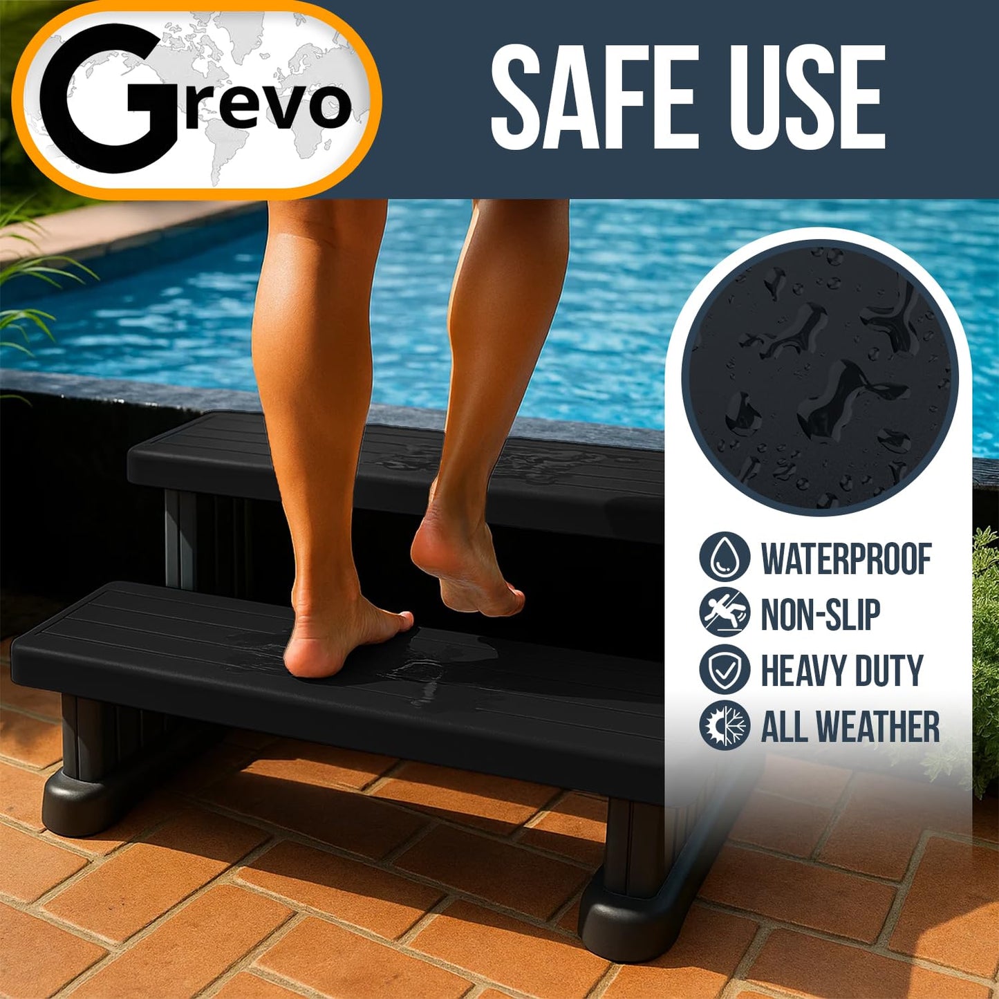 GREVO Outdoor Steps for Hot Tub Wide 31", Black/Fits Round and Straight Pools, Non-Slip Steps, Quick Assemble