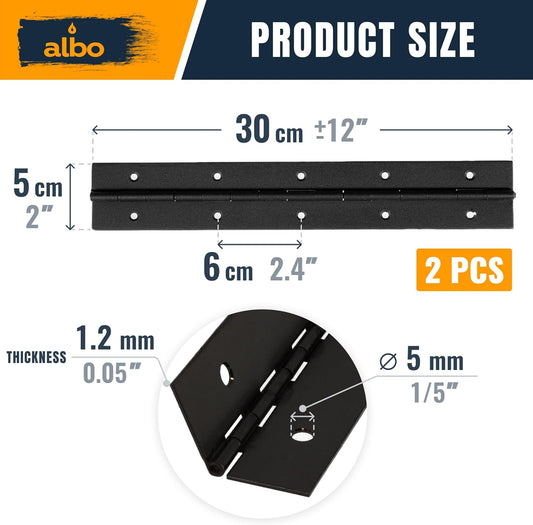 ALBO 12" Black Heavy Duty Piano Hinge Continuous, Stainless Steel, Set of 2 pcs