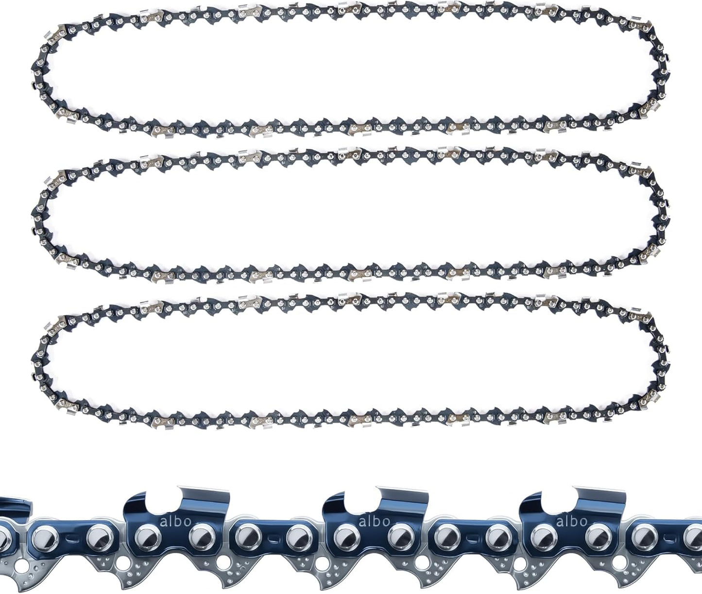 3/8" LP Pitch .043" Gauge 56DL 16" Chainsaw Chain 3 Pack - Low-Profile Full-Chisel Chrome Cutters, Reinforced Rivets, CE Certified - Fits Milwaukee M18 FUEL, Ego CS1613, DeWalt DCCS690 Saws