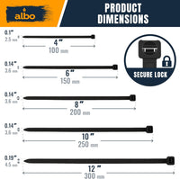 ALBO Black Cable Ties Assorted Sizes 4-12 Inch 800 Pack