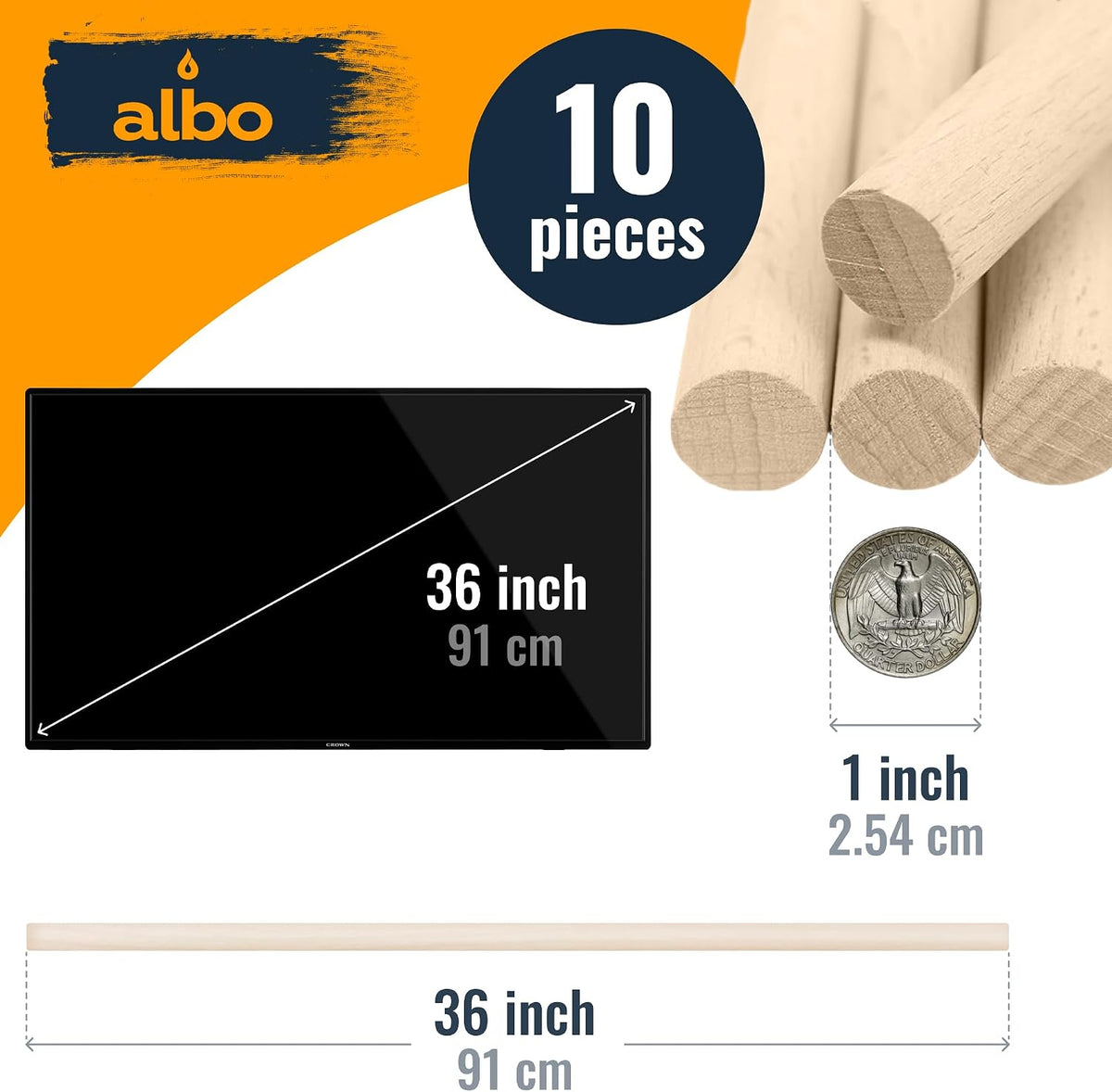 Albo 1" x 36" Birch Wooden Dowel Rods - 10 Pack for Crafts, Furniture & DIY Projects
