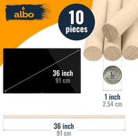 Albo 1" x 36" Birch Wooden Dowel Rods - 10 Pack for Crafts, Furniture & DIY Projects