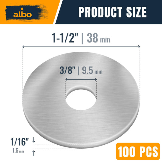 ALBO 100 Pcs Stainless Steel Fender Flat Washers 3/8" x 1-1/2" for Bolts and Screws, 304 Stainless Steel Hardware for Construction and DIY