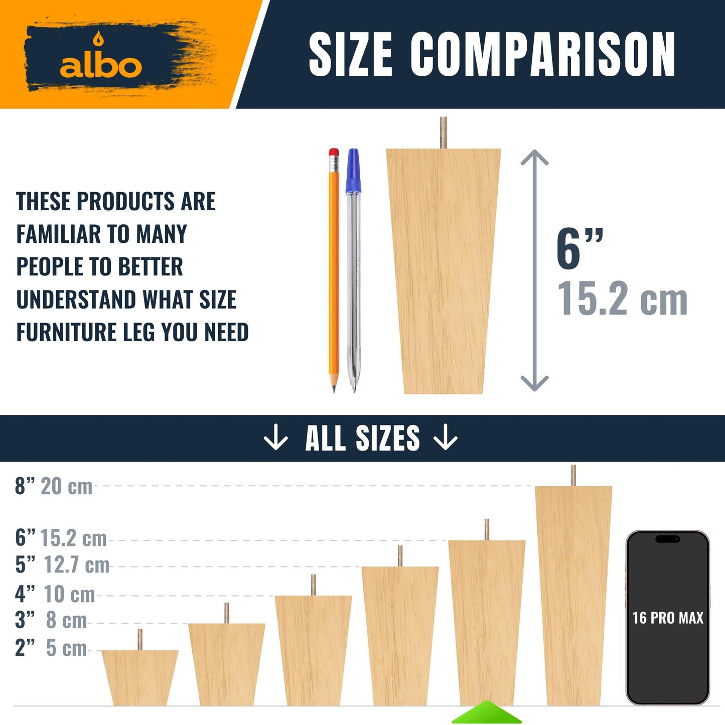 Albo Wood Furniture Legs 6 inch, Heavy Duty Sofa Legs, Pack of 4 Square Couch Legs Covered with Clear Varnish, Sofa Replacement Parts, for Dresser Legs, Sideboard, Recliner Couch, Circle Chair