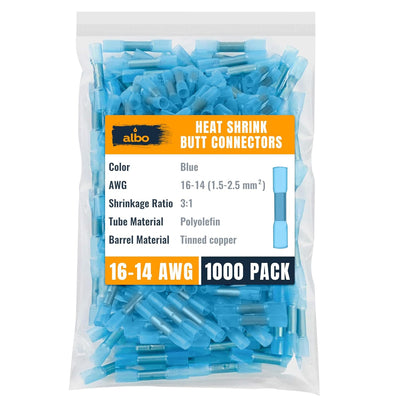 ALBO Heat Shrink Butt Connectors 16-14 AWG, Splice Connectors 1.5-2.5 mm?? Gauge, Blue, Pack 1000 pcs
