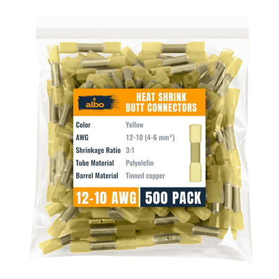ALBO Heat Shrink Butt Connectors 12-10 AWG, Slice Connectors 4-6mm?? Gauge, Yellow, Pack 500 pcs