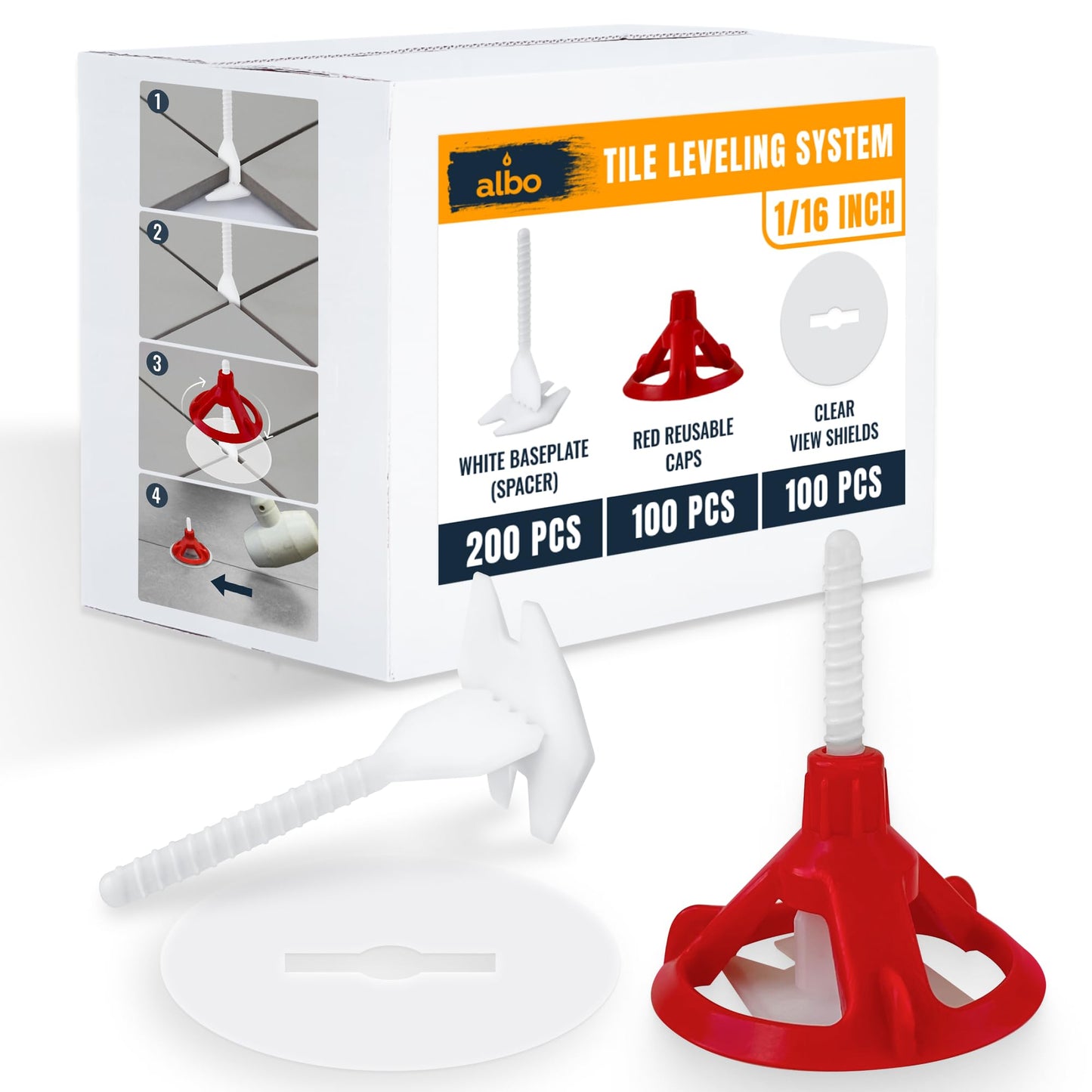 ALBO Tile Leveling System Set 1/16 inch - 200 PCS - Professional Floor & Wall Spacer Kit with Reusable Caps & Protection Plates - Anti-Lippage Installation Tools for Large and Small Tile Formats