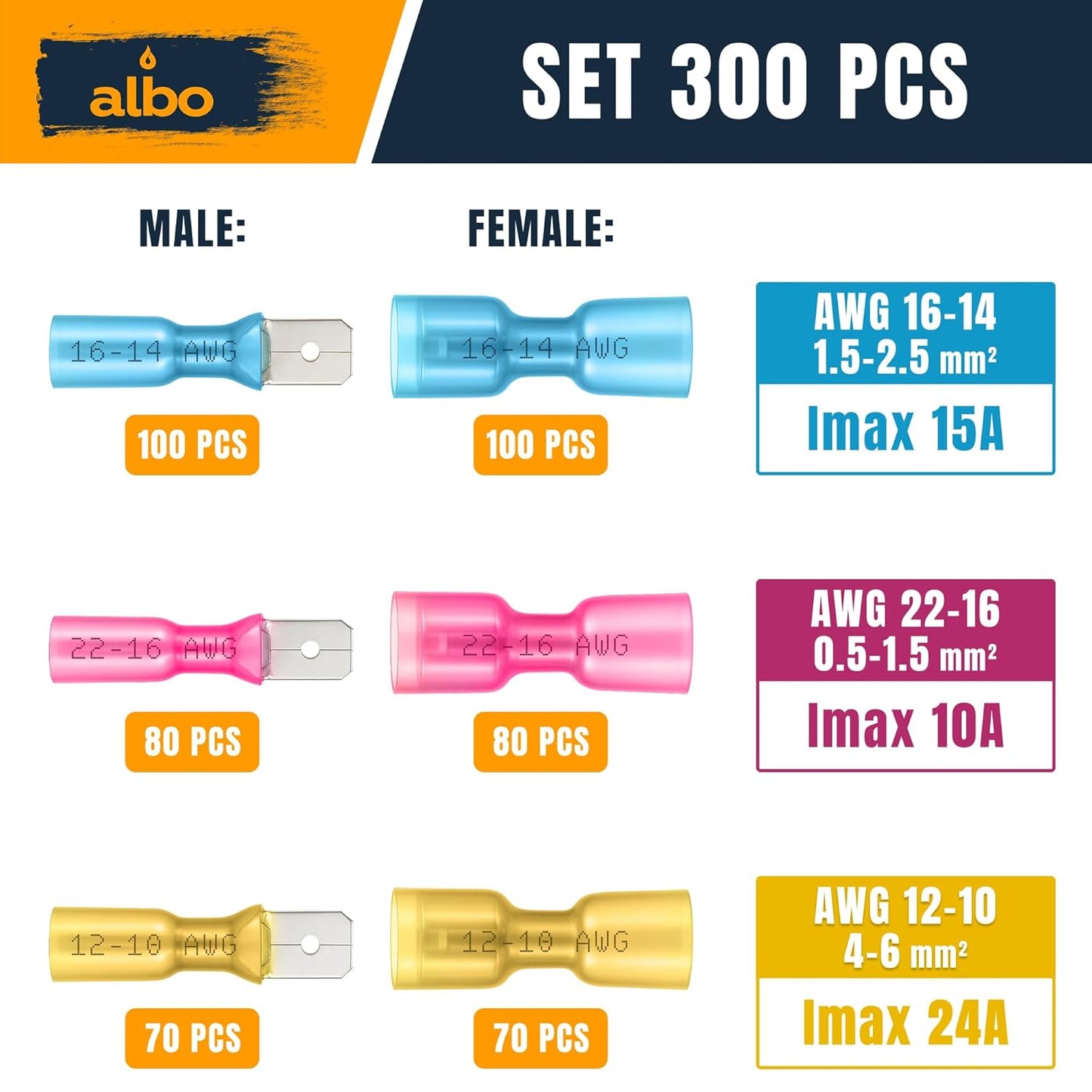 ALBO Heat Shrink Male and Female Spade Connectors AWG 22-10 500pcs
