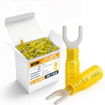 compare product ALBO 12-10 AWG Heat Shrink Fork Connectors #10 Stud – 100 Pack Yellow Waterproof Electrical Spade Terminals, Tinned Copper Crimp Wire Connectors for Automotive, Marine & Battery Wiring