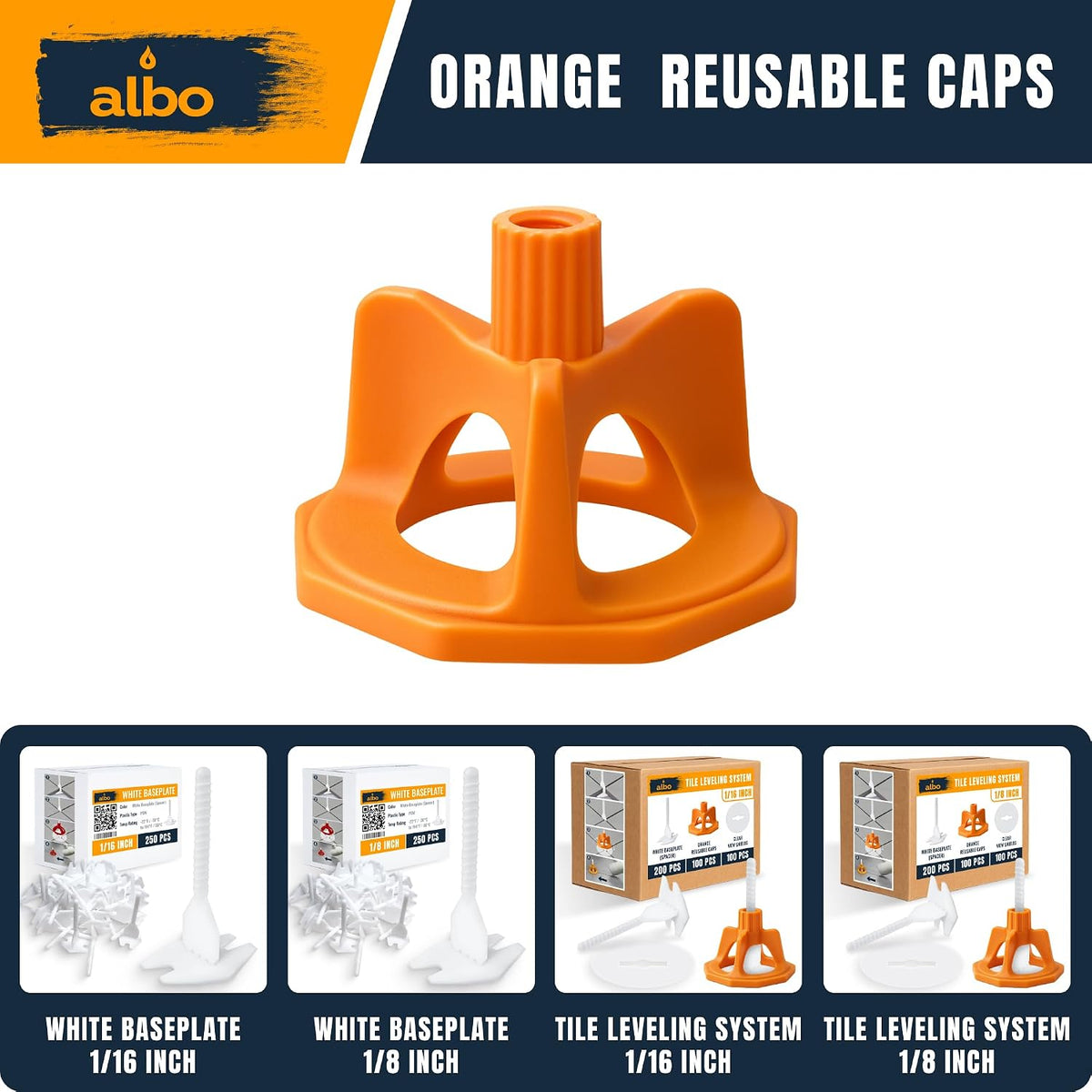 ALBO 100 Reusable Orange Caps for Tile Leveling System - Floor & Wall Spacers for Ceramic, Stone & Tile