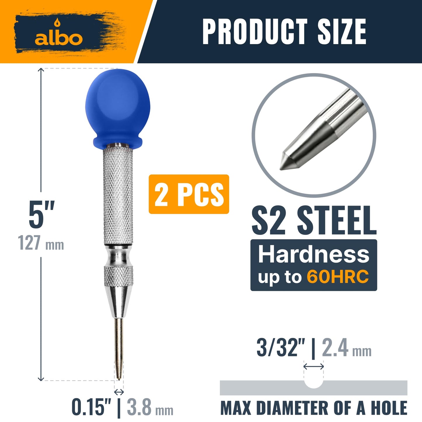 ALBO Automatic Spring Loaded Center Punch Tool for Metal & Wood (2pcs)