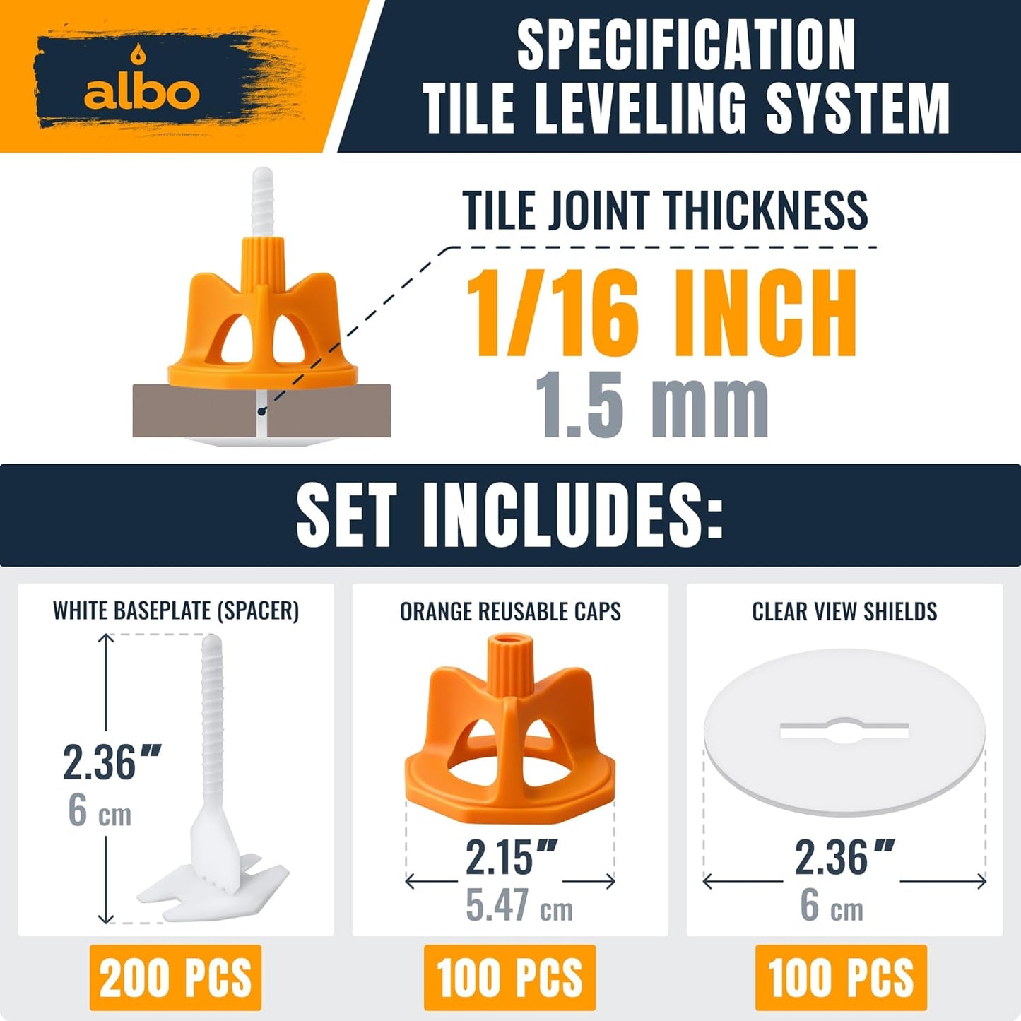 ALBO Tile Leveling System Set 1/16 inch - 200 PCS - Professional Floor & Wall Spacer Kit with Reusable Caps & Protection Plates - Anti-Lippage Installation Tools for Large and Small Tile Formats